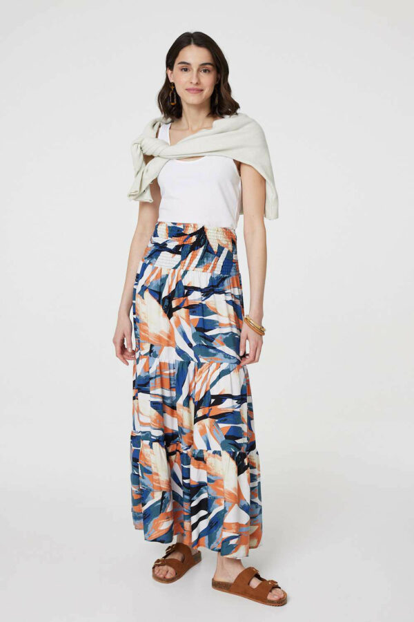 Izabel London Blue - Printed Tiered High Waist Maxi Skirt, Size: 12