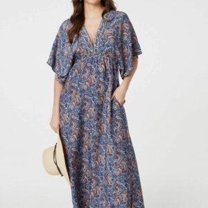 Izabel London Navy - Paisley Print Kimono Sleeve Midi Dress, Size: 8