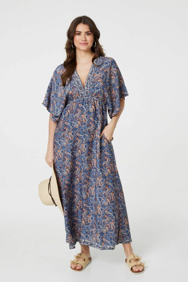 Izabel London Navy - Paisley Print Kimono Sleeve Midi Dress, Size: 8