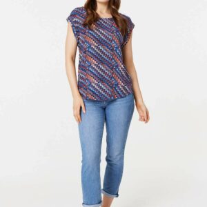 Izabel London Navy - Printed Cap Sleeve Shell Top, Size: 16