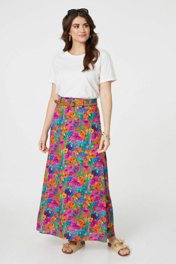 Izabel London Pink - Floral Print Belted A-line Maxi Skirt, Size: 12