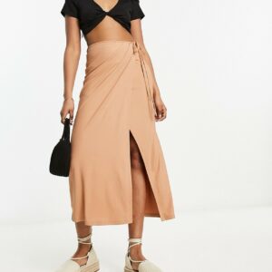 JDY wrap sarong ribbed midi skirt in camel-Neutral