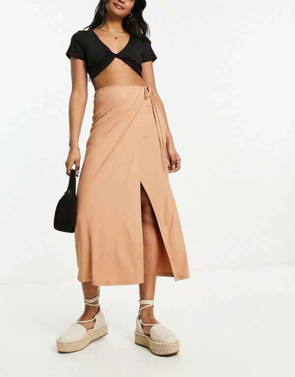 JDY wrap sarong ribbed midi skirt in camel-Neutral