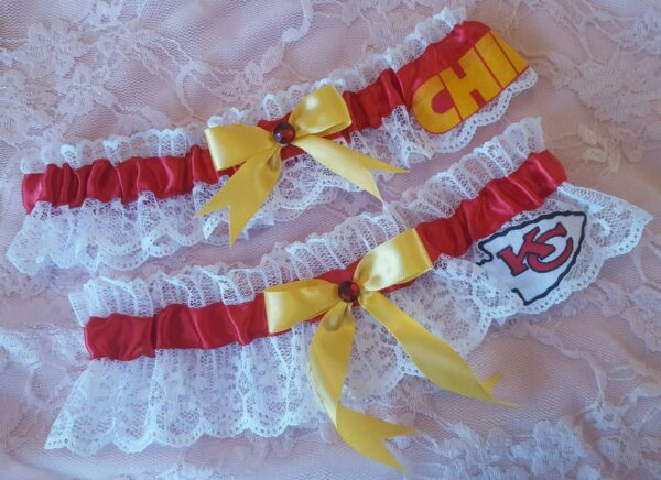 Kansas City Chiefs Inspired Wedding Bridal Garter Belt Set with White Lace