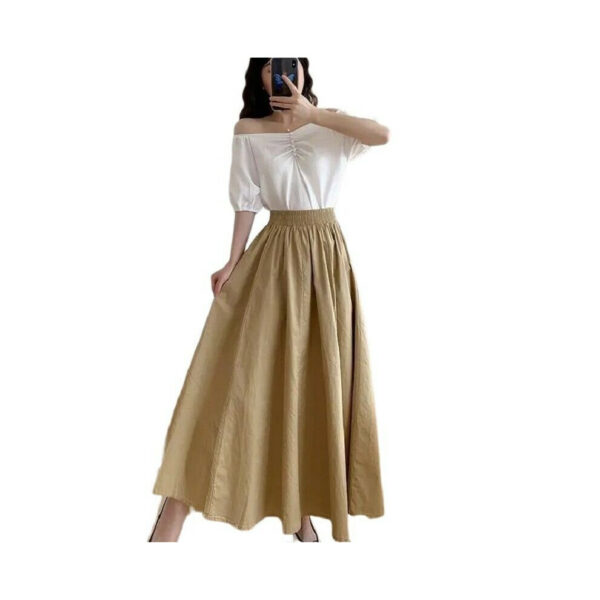 (Khaki, 2XL) Women's high-waisted long skirt solid color skirt Palas Maxi