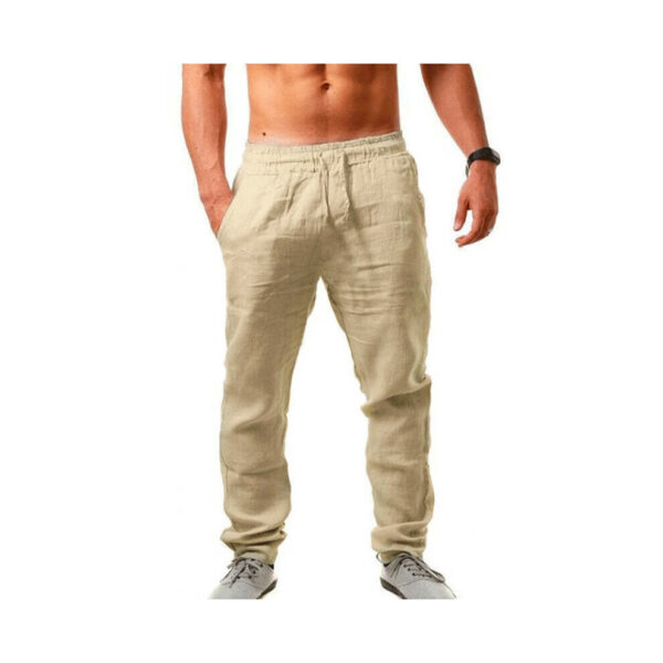 (Khaki, 3XL) Drawstring Mens Straight Leg Pants Cotton Linen Beach Casual Sports Trousers