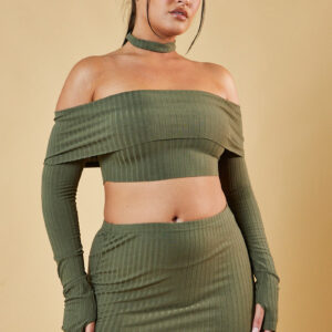 Khaki Bardot Choker Neck Cropped Top & Mini Skirt Co-ord Set - Carla - Size 10