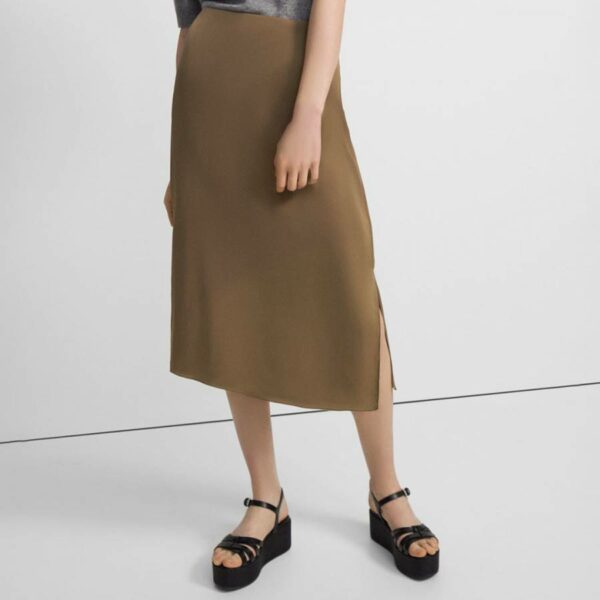 Khaki Double Slit Silk Midi Skirt