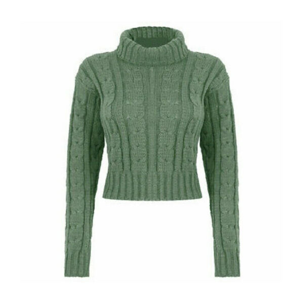 (Khaki, SM (UK 8-10)) Ladies Roll Polo Neck Cable Knitted Crop Jumper Long Sleeve Sweater Winter Top