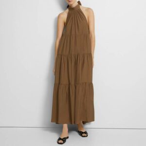 Khaki Tiered Cotton Blend Maxi Dress