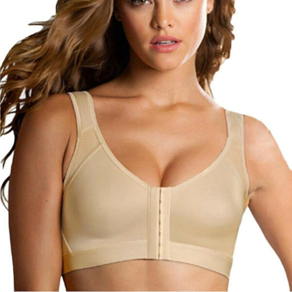 (Khaki, XL) Women Posture Corrector Front Closure Bra Wire Free Back Support Underwear Fitness Yoga Vest