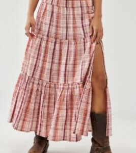 Kimchi Blue Ceilia Check Tiered Maxi Skirt - Pink 2XS at Urban Outfitters