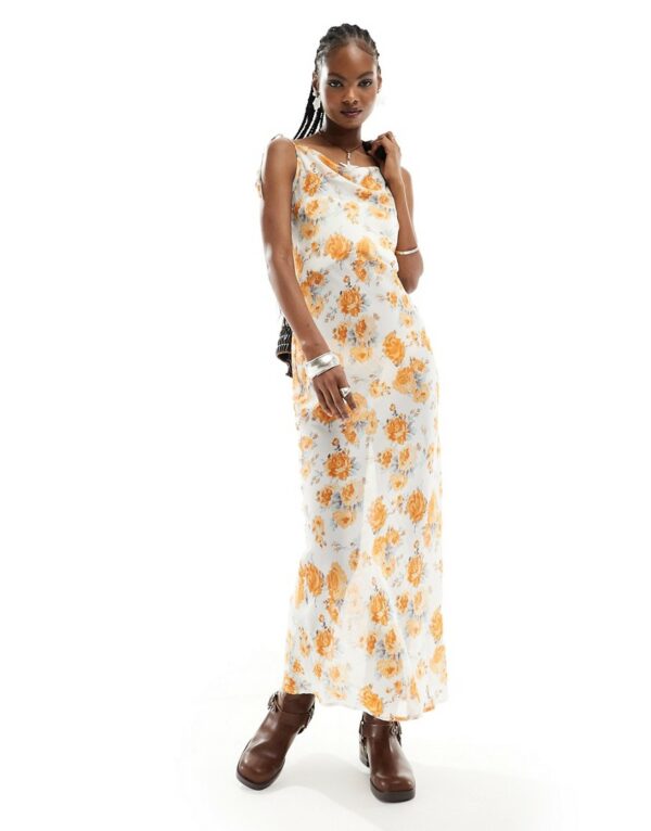 Kiss The Sky sheer floral 90's maxi cowl slip dress-Orange