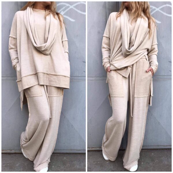 Knitted Asymmetric Set, Knit Costume, Long Cardigan, Wide-Leg Pants, Autumn Everyday Designer Conceptbg