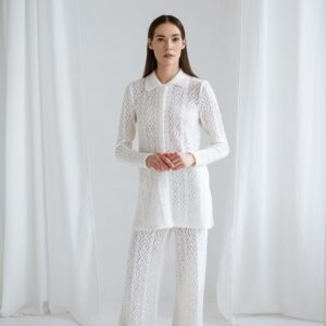 Knitted Lace Merino Ladies Shirt-Suit, White Knit Suit For Formal Events Or Office Casual Smart Wear, Lace Wool Pants Set, Sizes Xs-L