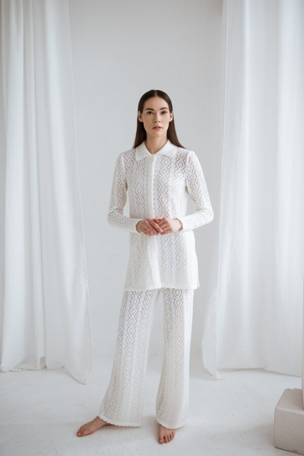 Knitted Lace Merino Ladies Shirt-Suit, White Knit Suit For Formal Events Or Office Casual Smart Wear, Lace Wool Pants Set, Sizes Xs-L