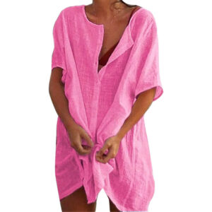 (L, Pink) Beach Swimsuit Cover-Up Women Linen Cover Up Swimwear