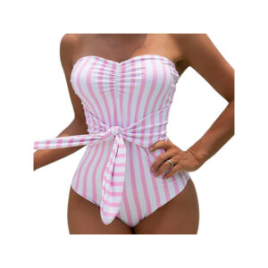 (L, Pink) Women Striped Strapless One Piece Swimsuit Sleeveless Tube Bodysuit Swimwear Bathing Suit Ruched