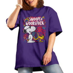 (L, Purple) All+Every Peanuts 70s Floral Snoopy And Woodstock Women's Boyfriend Fit T-Shirt