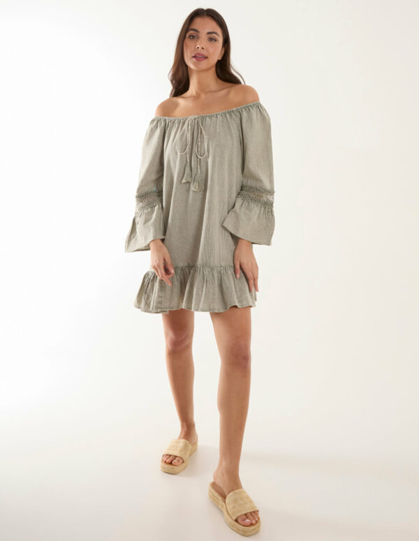 Lace Trim Tunic Dress - S / LIGHT KHAKI