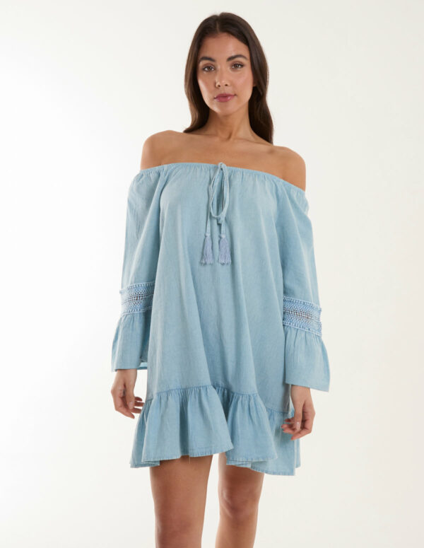 Lace Trim Tunic Dress - S / Light Denim