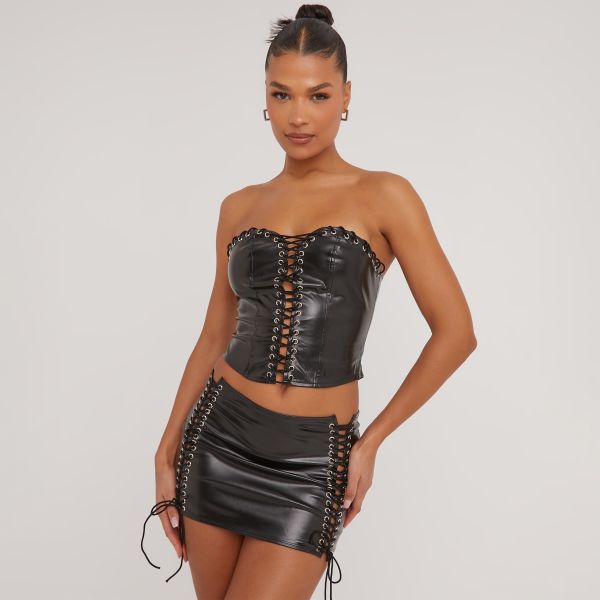 Lace Up Detail Bandeau Corset Top And Micro Mini Skirt Co-Ord Set In Black Faux Leather, Women's Size UK Small S