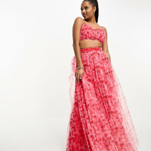 Lace & Beads Petite exclusive tulle maxi skirt co-ord in red and pink floral