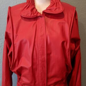 Ladies 1989 Red Leather Bomber/Biker Jacket Size S By Glampier Made in Argentina Cinched Collar Gathered Waist with Belt & Interlocking Buckle