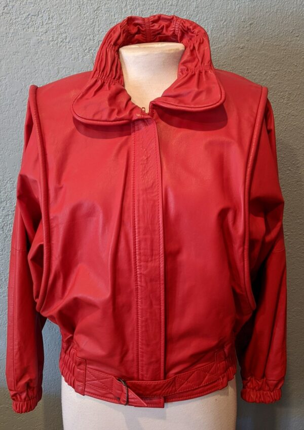 Ladies 1989 Red Leather Bomber/Biker Jacket Size S By Glampier Made in Argentina Cinched Collar Gathered Waist with Belt & Interlocking Buckle