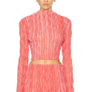 Lapointe Pleated Georgette Long Sleeve High Neck Top in Hot Coral & Lotus - Coral. Size L (also in M, S, XS).