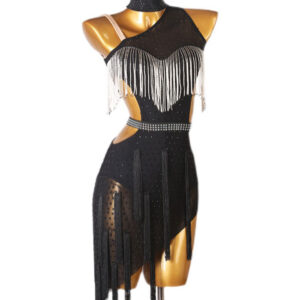 Latin Dance Costume Black Women's Rhinestones Fringe Backless Bodycon Sexy Polyester Dress Dancing Costume