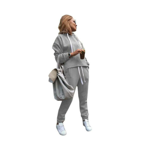 (Light Gray, M) Ladies hooded top + pants casual sportswear suit