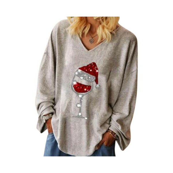 (Light Grey, XL) Women's Christmas Wine Glass T-shirt V-neck Long Sleeve Top