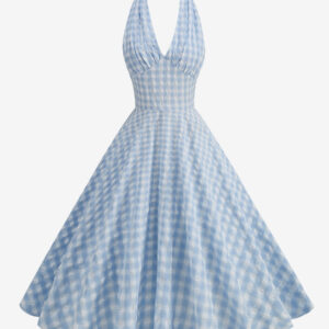 Light Sky Blue Dress Plaid Halter Backless Pleated Retro Midi Dress