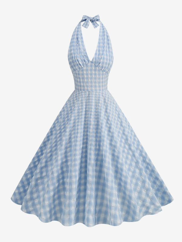 Light Sky Blue Dress Plaid Halter Backless Pleated Retro Midi Dress