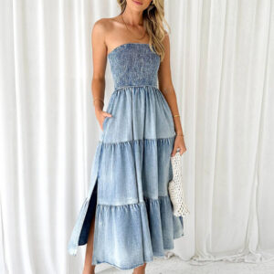 Light Sky Blue Tube Dress Smocked Tiered Slit Casual Summer Midi Dresses