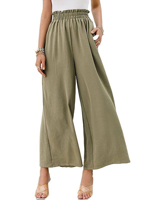 Linen Cropped Pants Raised Waist Wide Legs Summer Casual Trousers