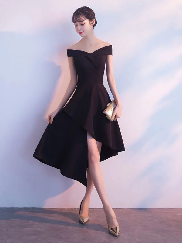 Little Black Dresses Asymmetrical Off The Shoulder Cocktail Party Dress Wedding Guest Dress