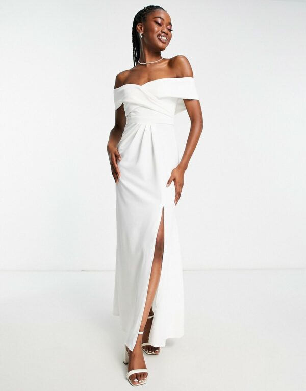 Little Mistress wrap bardot maxi prom dress in white