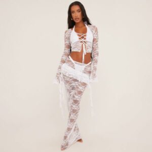 Long Sleeve Lace Up Front And Frill Detail Maxi Skirt Beach Cover Up In White Lace, Women's Size UK 10