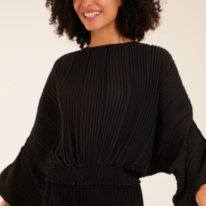 Long Sleeve Pleated Top - S / BLACK