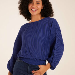 Long Sleeve Pleated Top - S / BLUE