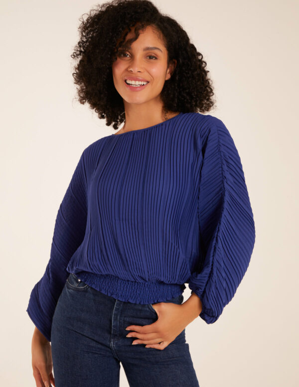 Long Sleeve Pleated Top - S / BLUE