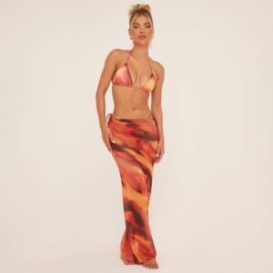 Low Rise Maxi Beach Skirt In Orange Abstract Print, Women's Size UK 8