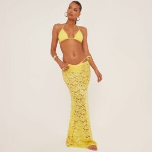 Low Rise Maxi Beach Skirt In Yellow Lace, Women's Size UK Medium M