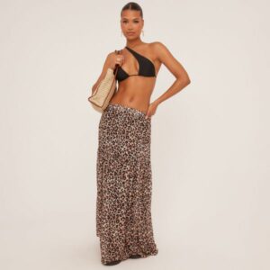 Low Rise Tiered Maxi Skirt In Brown Leopard Print Woven, Women's Size UK Small S