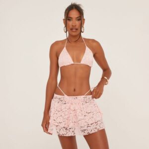 Low Rise Tiered Mini Beach Skirt In Pink Lace, Women's Size UK Large L