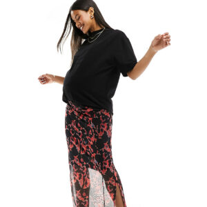 Mamalcious Maternity abstract mesh maxi skirt in red abstract print