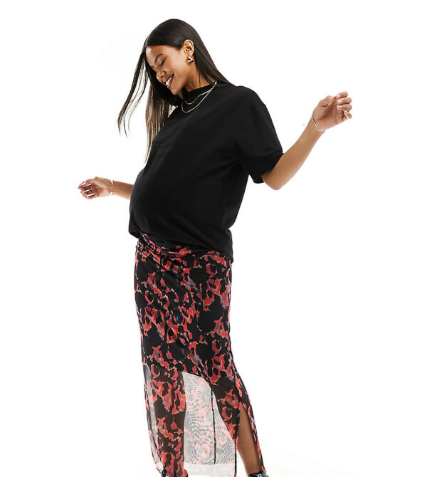 Mamalcious Maternity abstract mesh maxi skirt in red abstract print