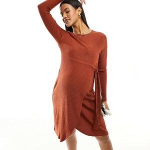 Mamalicious Maternity mini dress with wrap skirt detail in brick-Orange